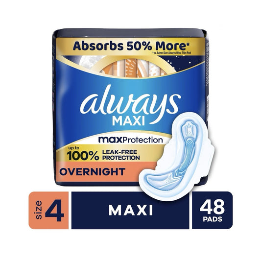 6 Package Always Maxi Overnight Pads with Wings, Size 4, Overnight 48 count