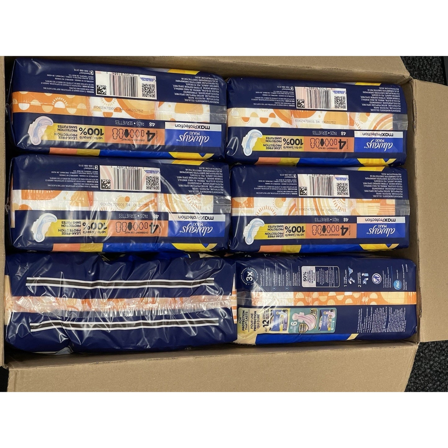 6 Package Always Maxi Overnight Pads with Wings, Size 4, Overnight 48 count