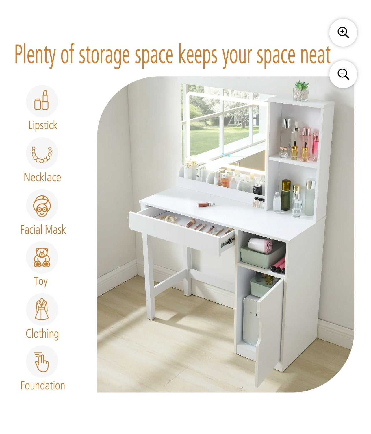 Vanity Table with Lighted Mirror and Storage, White