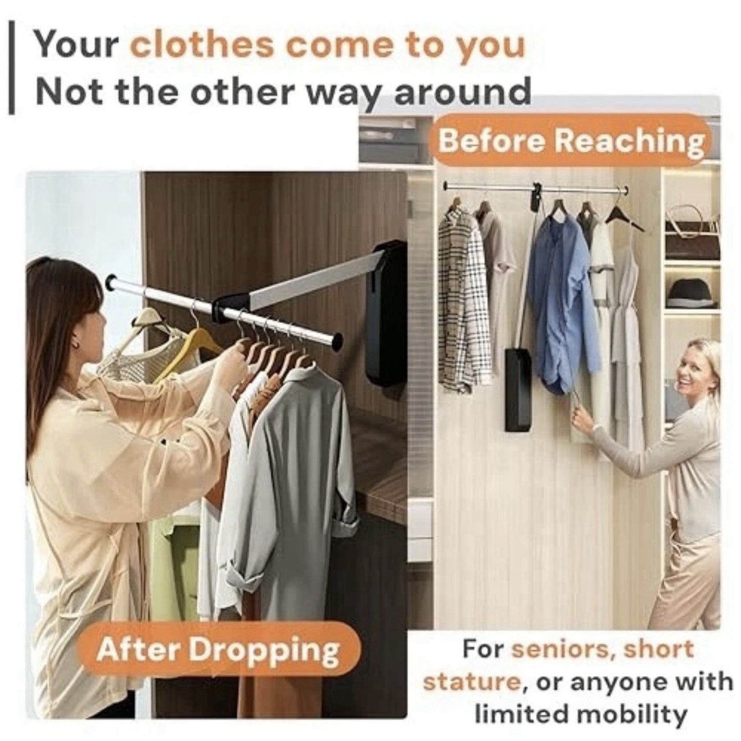 Pull Down Closet Rod, 26 Inch Soft-Close Buffering Clothing Organizer, Stainless