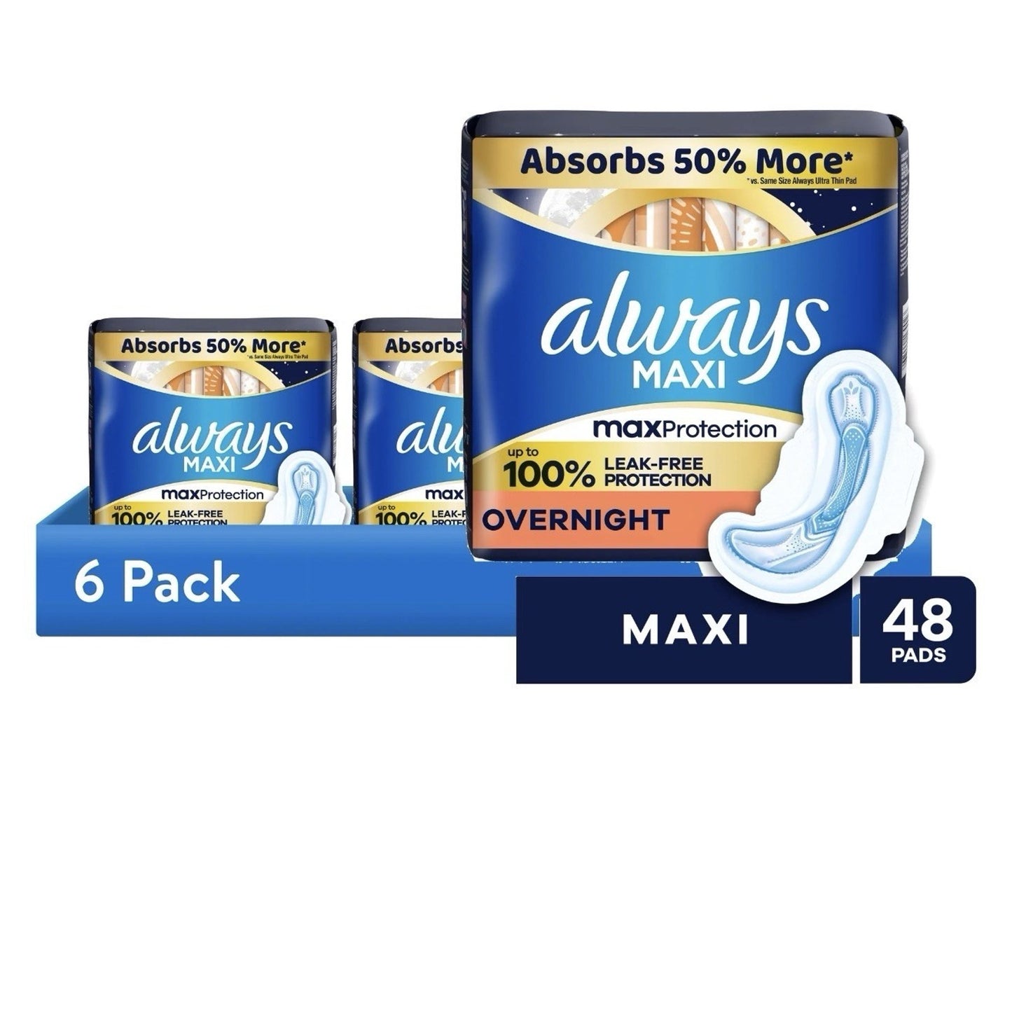 6 Package Always Maxi Overnight Pads with Wings, Size 4, Overnight 48 count