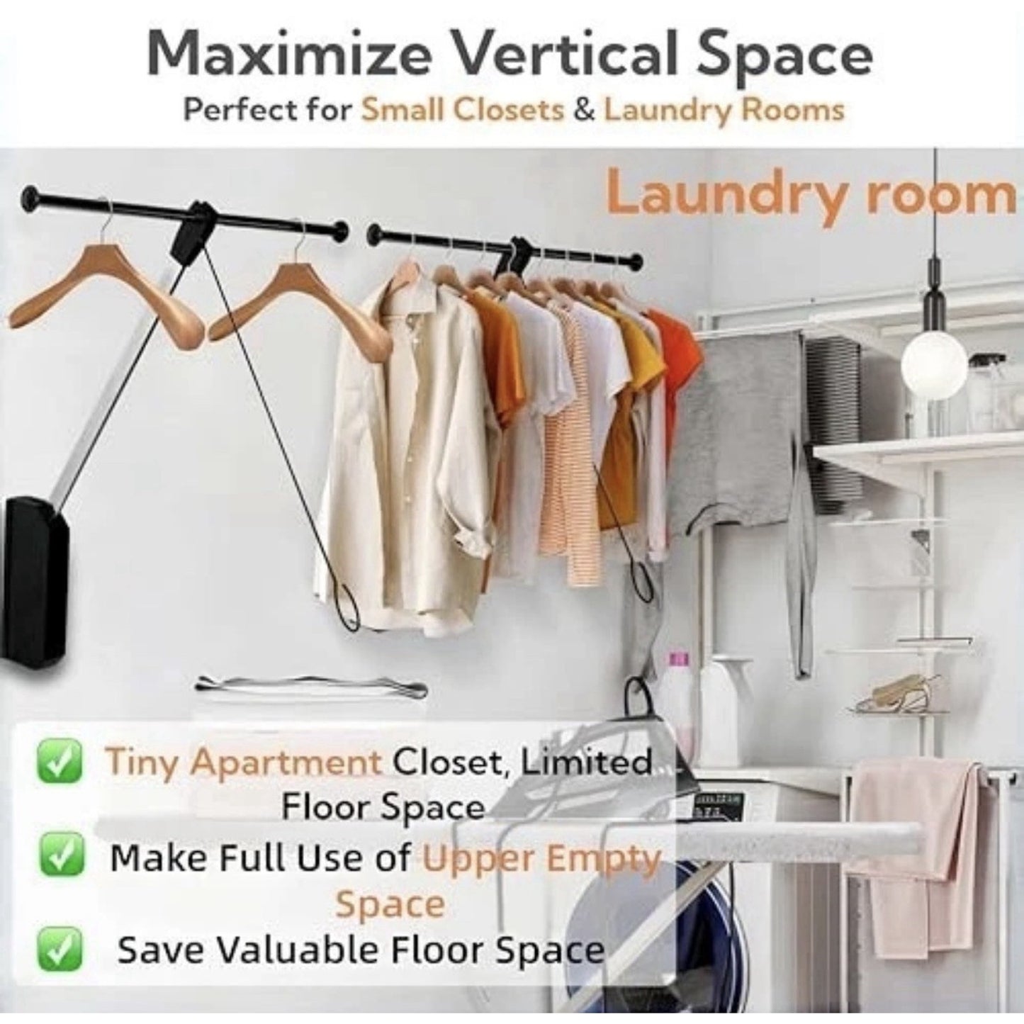 Pull Down Closet Rod, 26 Inch Soft-Close Buffering Clothing Organizer, Stainless