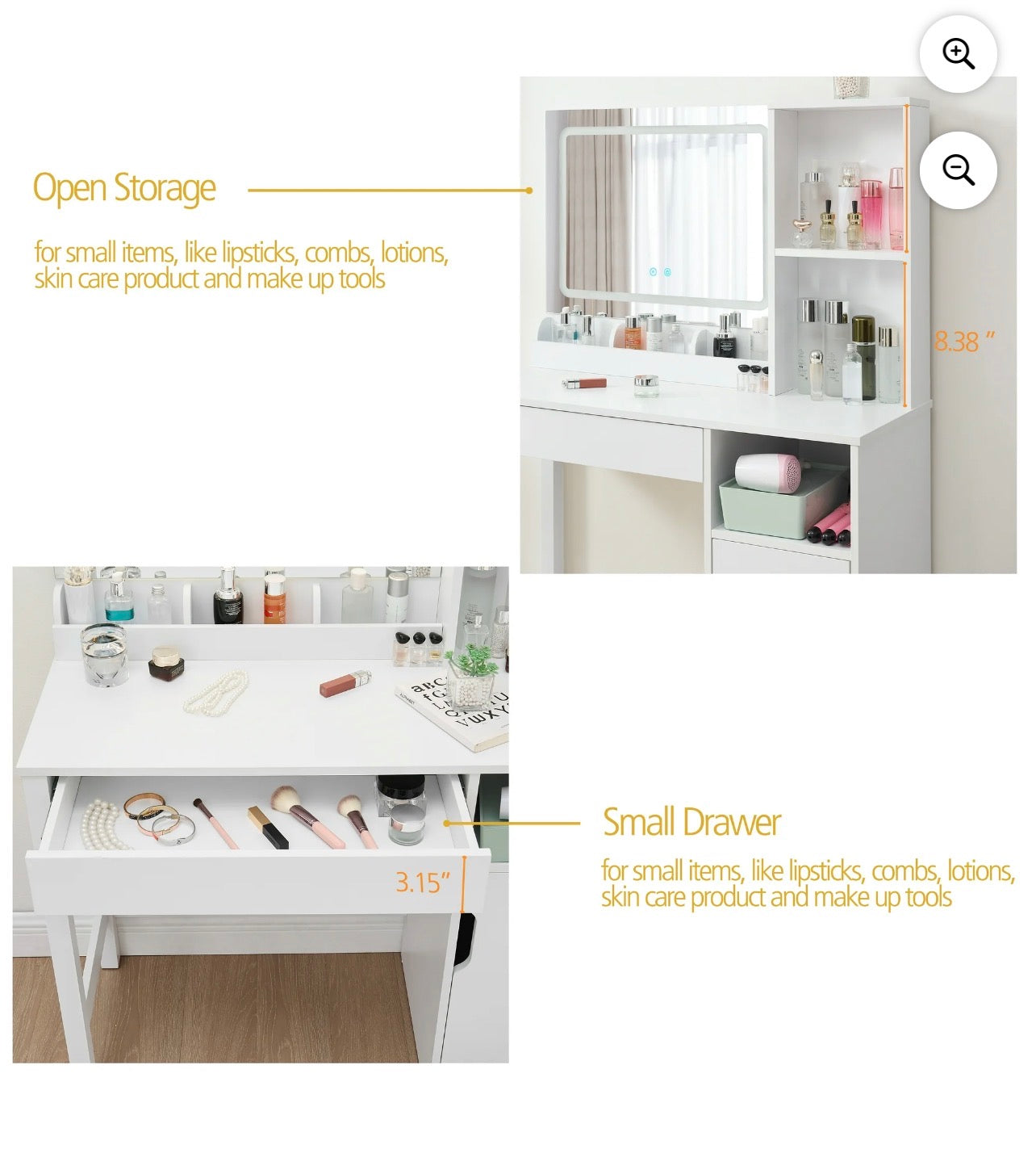 Vanity Table with Lighted Mirror and Storage, White