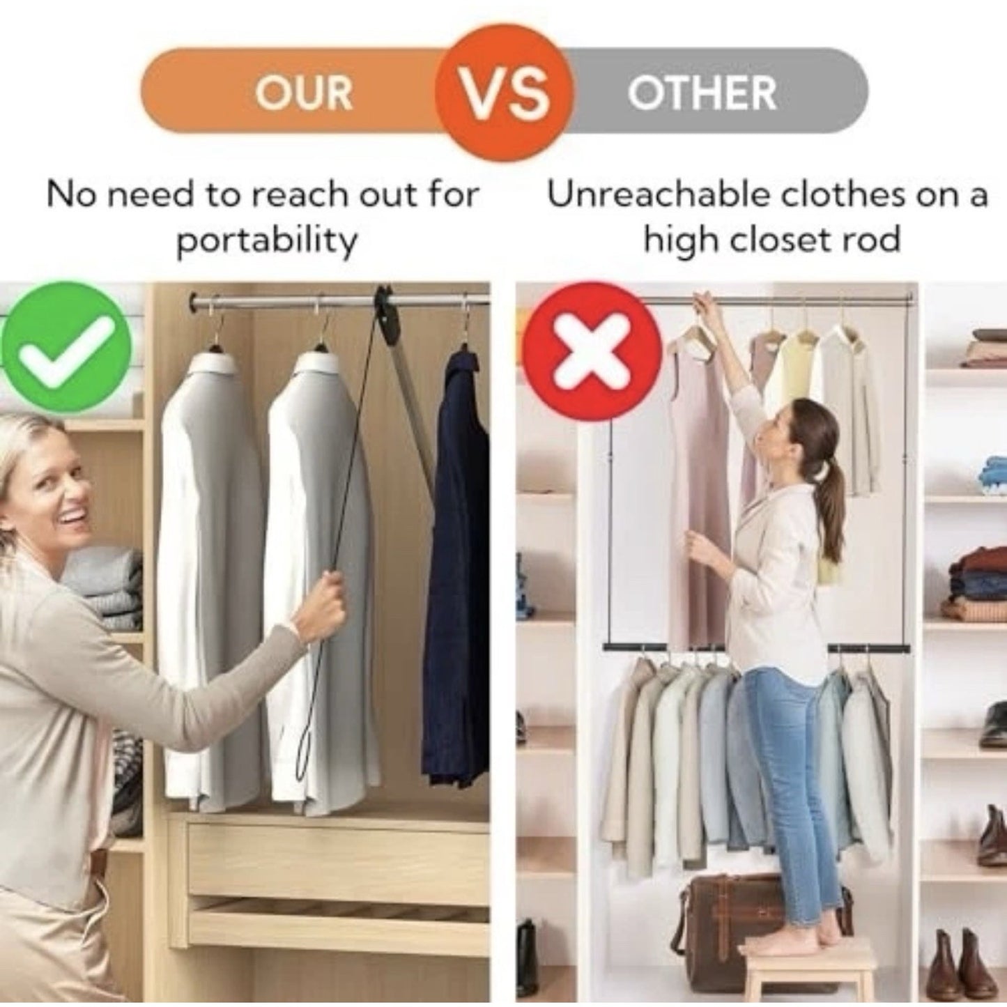 Pull Down Closet Rod, 26 Inch Soft-Close Buffering Clothing Organizer, Stainless