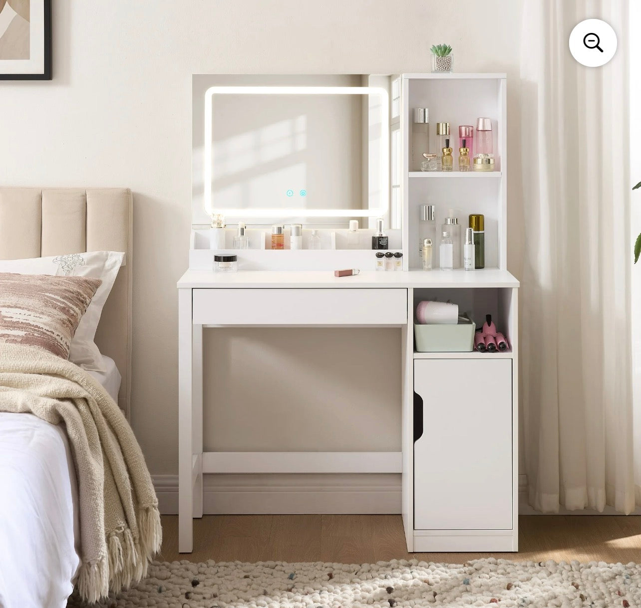 Vanity Table with Lighted Mirror and Storage, White