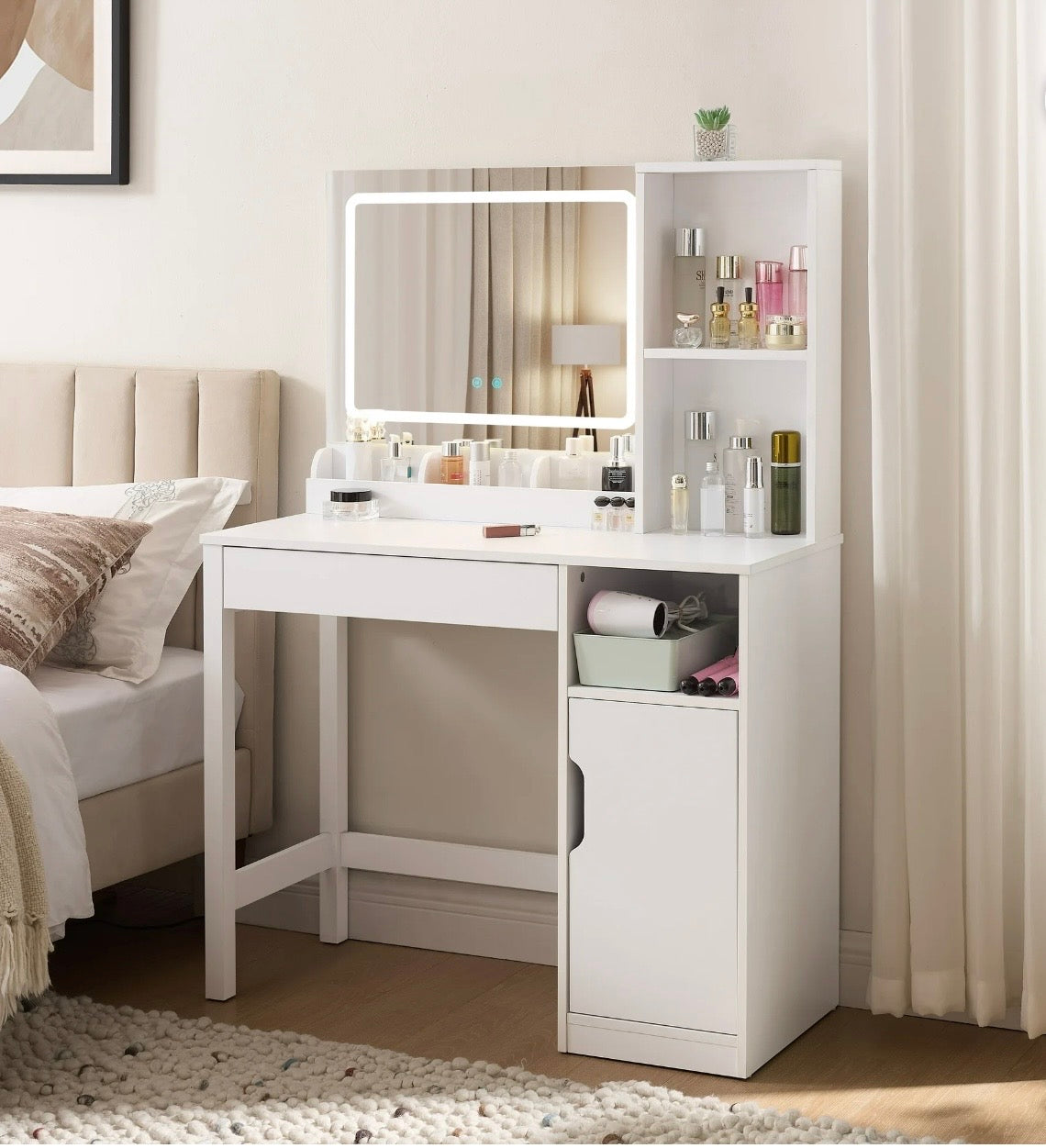 Vanity Table with Lighted Mirror and Storage, White