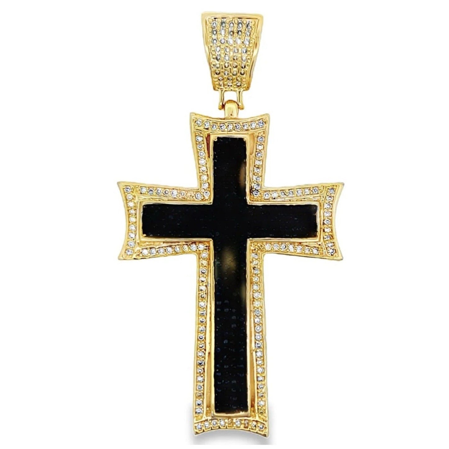 14K YELLOW GOLD & Black Concave Cross CZ Iced Out Pendant Size 94 MM X 50 MM