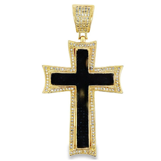 14K YELLOW GOLD & Black Concave Cross CZ Iced Out Pendant Size 94 MM X 50 MM